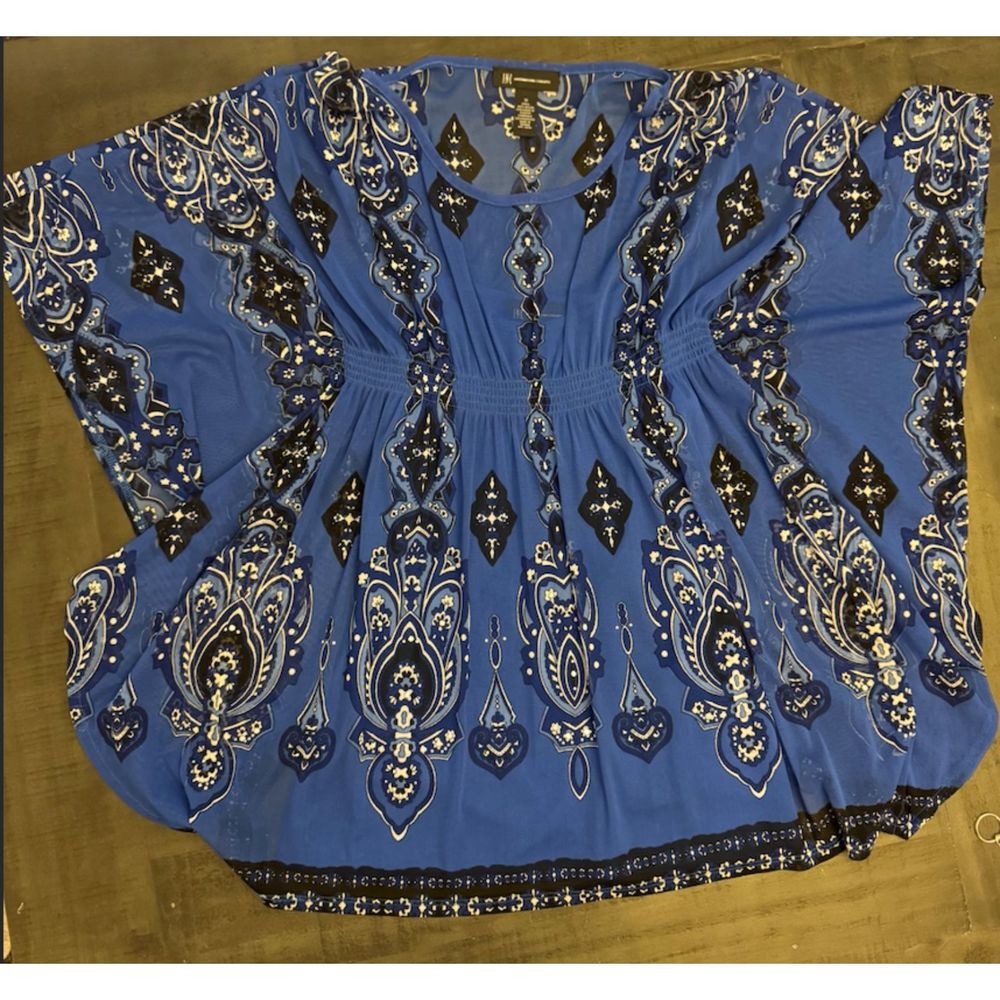 INC Blue Studded Print Batwing Sleeves Nylon Top Sz M - Picture 3 of 15
